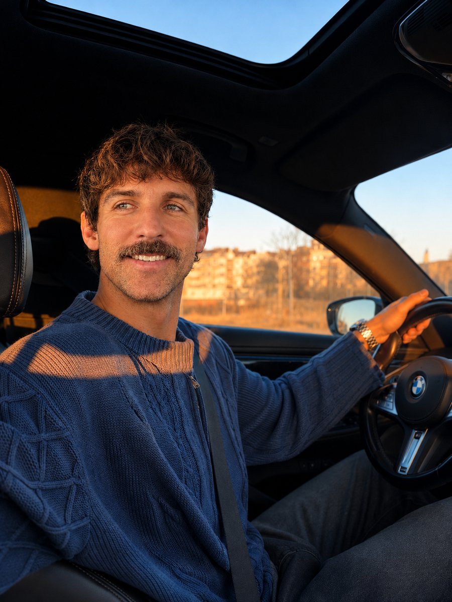 Miller driving, smiling