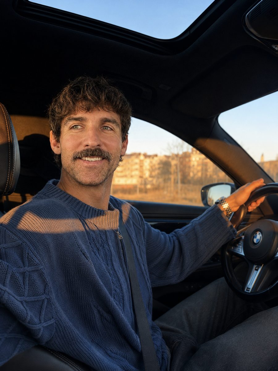 Miller driving, smiling